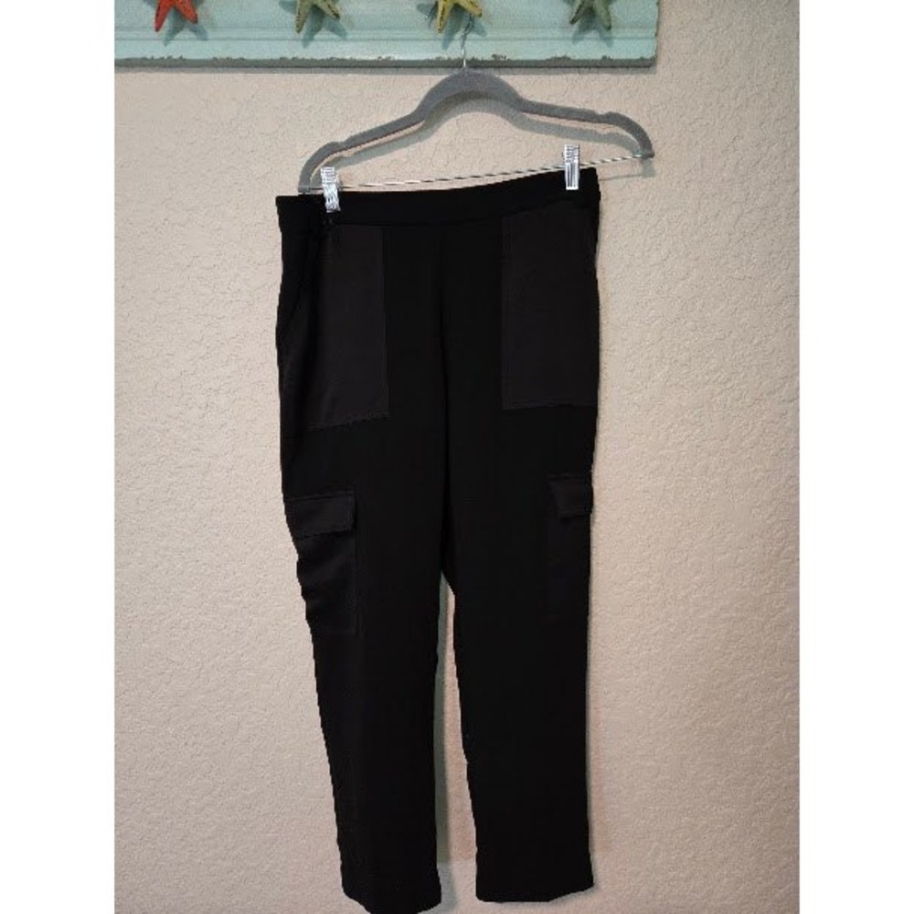 Maeve by Anthropologie Black Cargo Pants Satin Trim Tapered Trousers Size 6